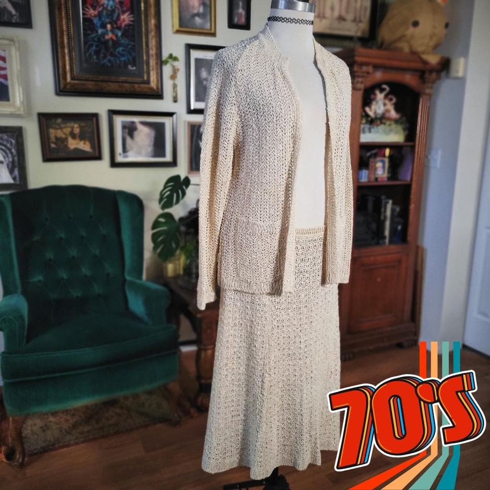 Vintage 70s Pallas Original Skirt Set Cream Irish Linen Hand Loomed Knit Large